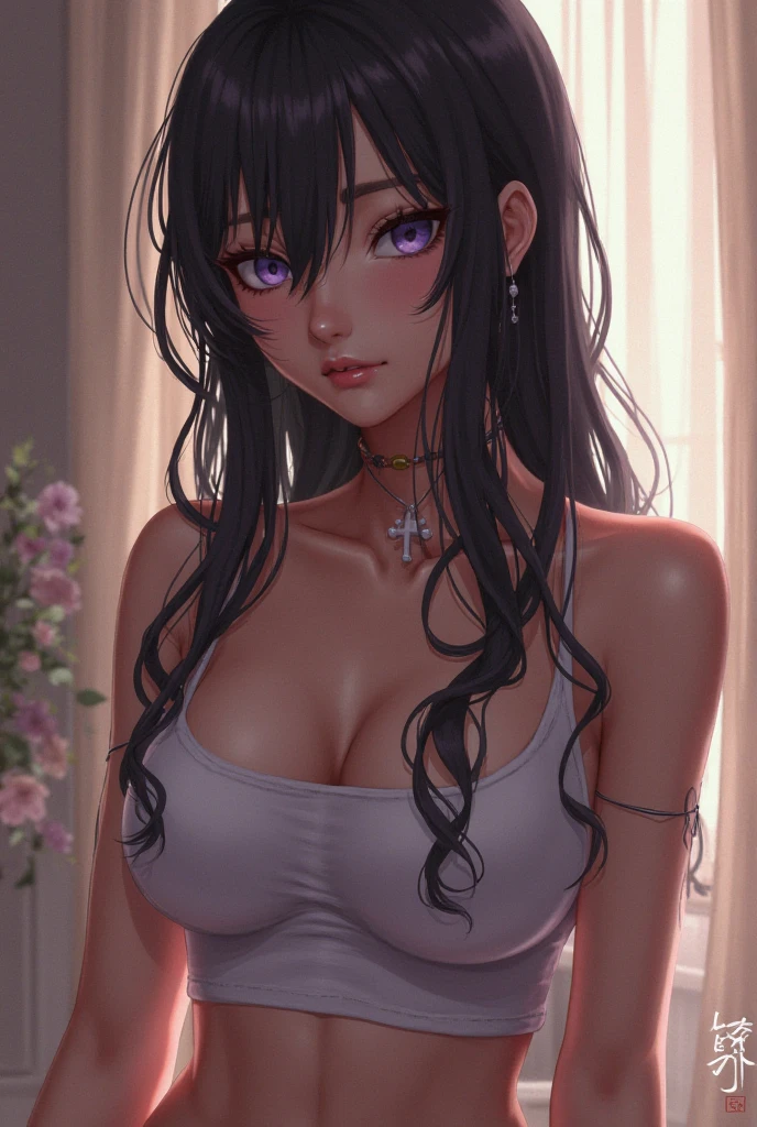 (highest quality:1.2, Very detailed, up to date, Vibrant, Ultra-high resolution, High Contrast, masterpiece:1.2, highest quality, Best aesthetics), Portraiture、girl、((25-years-old:1)), dress sweater with a naked slit between cleavage and underboobs, backless, Bright colors、Beautiful fine details、Beautiful lip detail, long hair、black and purple ((streaked hair:1.6)), highlights hair: 1.5, brown eyes, gold earrings, ((slim body:1.4)), (small breast:0.7), (dark skin:0.5), summer, town, cowboyshot,