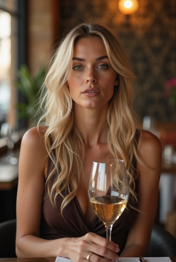 Belle fille européenne aux yeux bleus et aux cheveux blonds, au restaurant avec un verre de vin blanc sans repas car elle attend, photo par devant, habillé de manière normal ultra Haute résolution, (photoréaliste: 1.4), Haute résolution , (finely détaillé skin), (yeux bleus), (Des proportions parfaites) (Photos réalistes) (chef-d'œuvre) (photoréaliste), ultraréaliste (meilleure qualité) (détaillé) Photographié avec un Canon EOS R5, objectif 50 mm, F/2.8, (8k) (fond d'écran) (Éclairage cinématographique) (éclairage dramatique) (complexe) mode