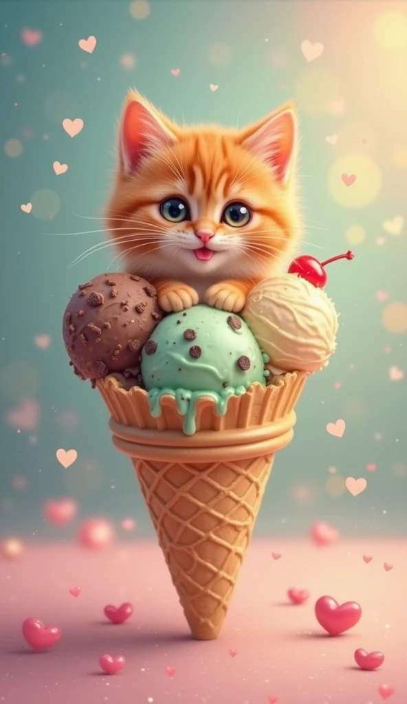 A chibi cat eating ice cream, in the style of artgerm, jerry pinkney, high resolution, dotted, loose and fluid,