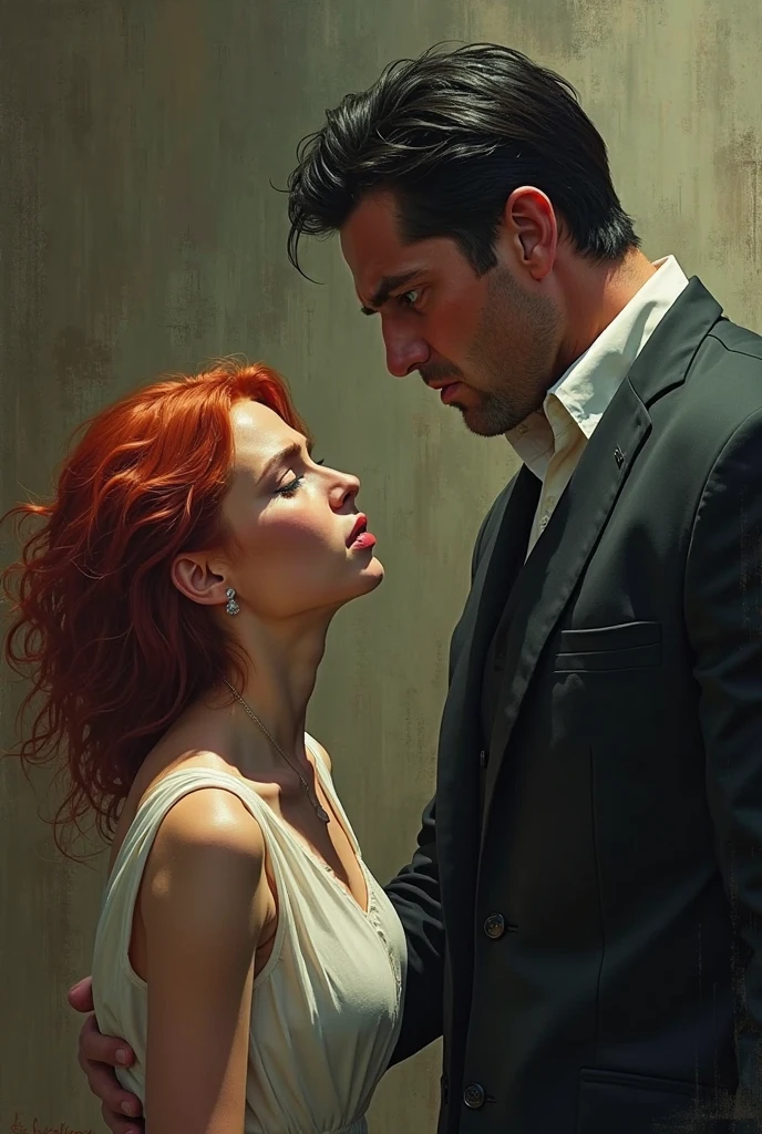 A woman with red hair and brown eyes sitting leaning against the wall looking at the ceiling, she is wearing a black dress. While a man in black hugs her with his hands on her chest