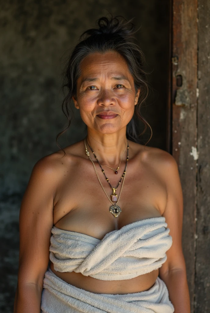 Tibetan woman 58 years old sexy voluptuous naked in the middle of surreal mountains