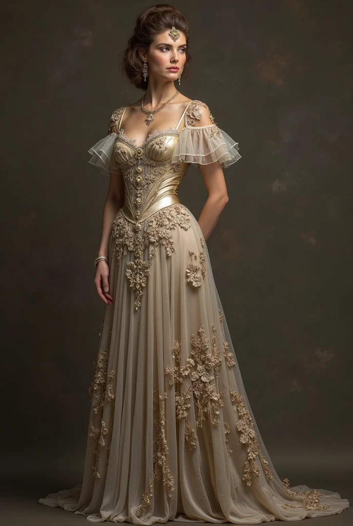 ((full body)), ((best quality)), ((masterpiece)), (detailed), young woman with cascading golden curls, sparkling sapphire eyes, and a radiant smile, dressed in an elegant Victorian-era gown with intricate lace details and a voluminous skirt, holding a delicate parasol, (romantic:1.1), (Victorian fashion:1.2), (John William Godward:1.2), enchanting garden background with blooming flowers and a gentle breeze, (vibrant colors:1.2), (8k resolution:1.2)