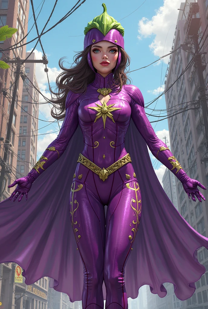 1woman, beautiful, long black hair, magenta tiara, magenta bodysuit with black accents, magenta gloves, magenta high boots, superhero,