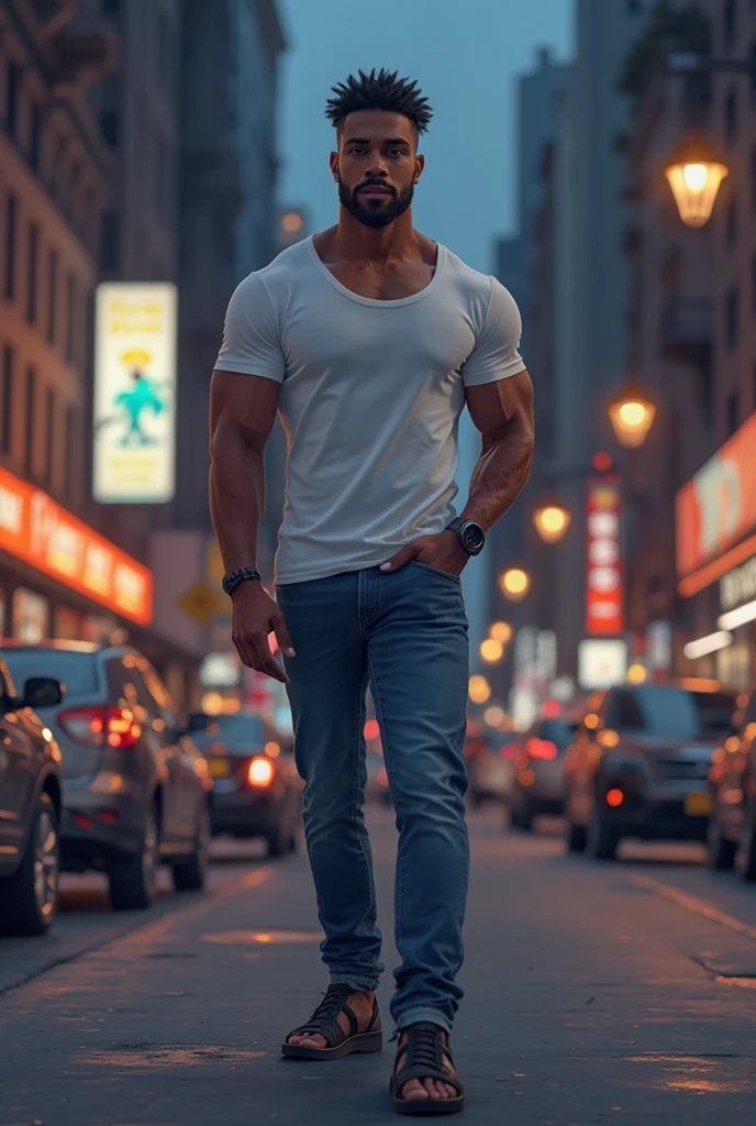 a man with intense gaze,detailed facial features,a strong jawline,sharp eyes,neatly trimmed beard,fit physique,strong arms,confident posture,stylish clothing,standing in a vibrant city atmosphere,urban skyline in the background,exhibiting a sense of power and determination,full of energy and charisma,medium:oil painting,realistic lighting,ultra-detailed,highres,vivid colors,bokeh