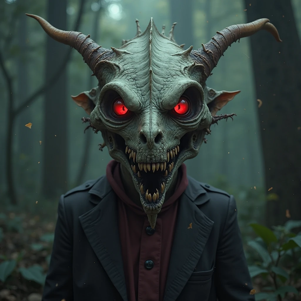 Create a split image with a male face in the center. The right side depicts a negative side of something and the left side a positive one.”, dark atmosphere, dark vibe, forest