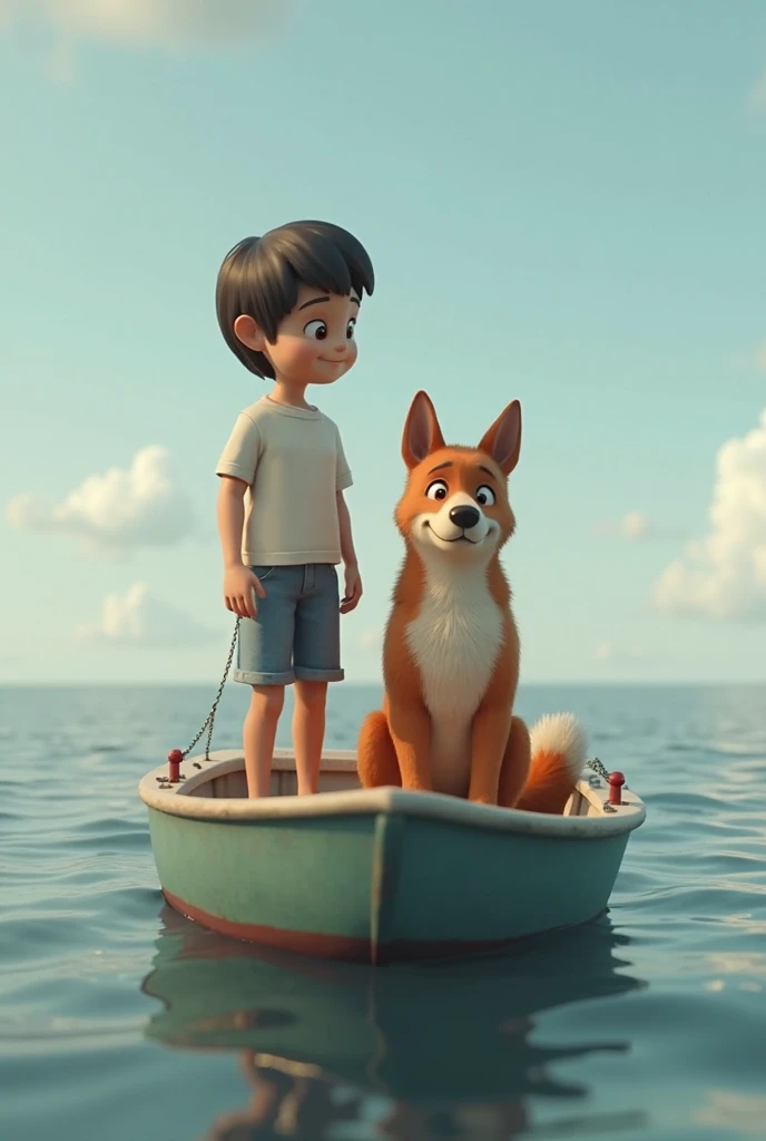 There's a boy on his knees running his hand over a baby fox on the edge of the beach