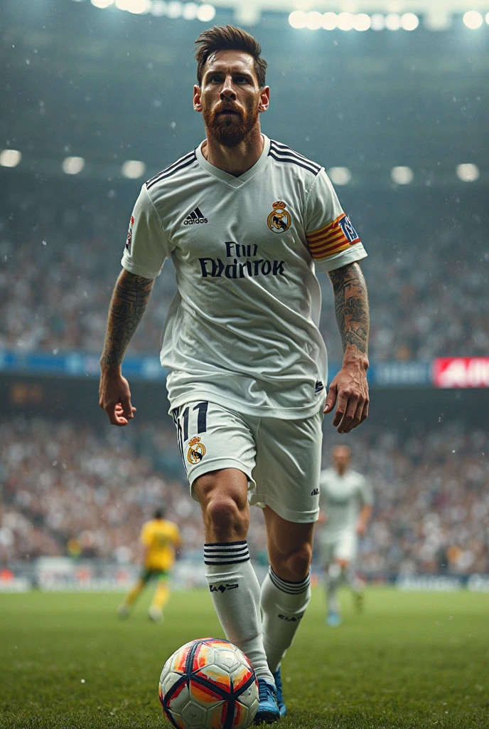 Messi as a cricket palyer wearing real Madrid jurcy