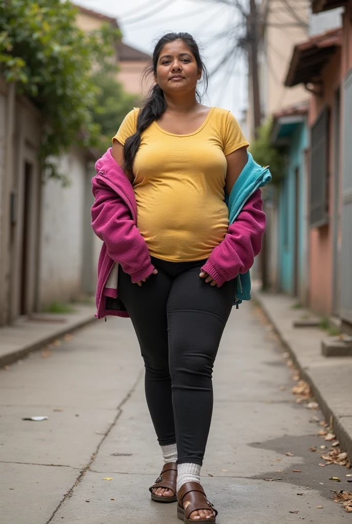 Chubby fat thic bbw white thai mature woman (60 years old), chubby belly, long straight black hair, wearing blue jeans and white shirt v-neck, black choker necklace, walking in the parking lot with tall male, 4 men, smiley expression, full body picture
