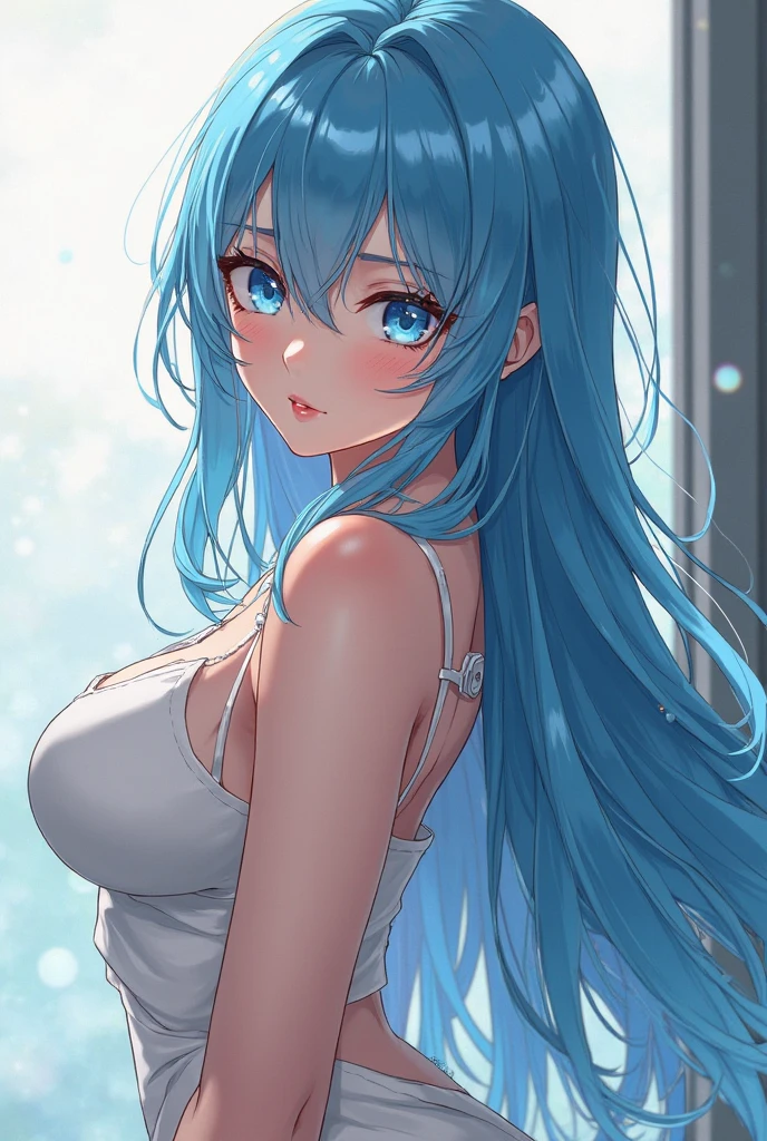anime girl with blue hair and big breasts