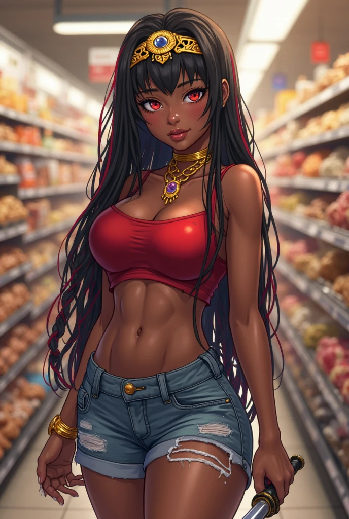 NSFW, 1girl, official anime art illustration, gilded jeweled circlet, long black and red dreadlocks, red eyes, (tall plump dark-skinned Haitian girl inside grocery store bakery aisle), small breasts, sheer tight detailed red crop top, short ripped tight jean shorts, thick thighs, playing with hair, wink and smile expression, perfectly photorealistic, incredibly detailed, 8k, UHD, masterpiece, best quality, ultra detailed, intricate,