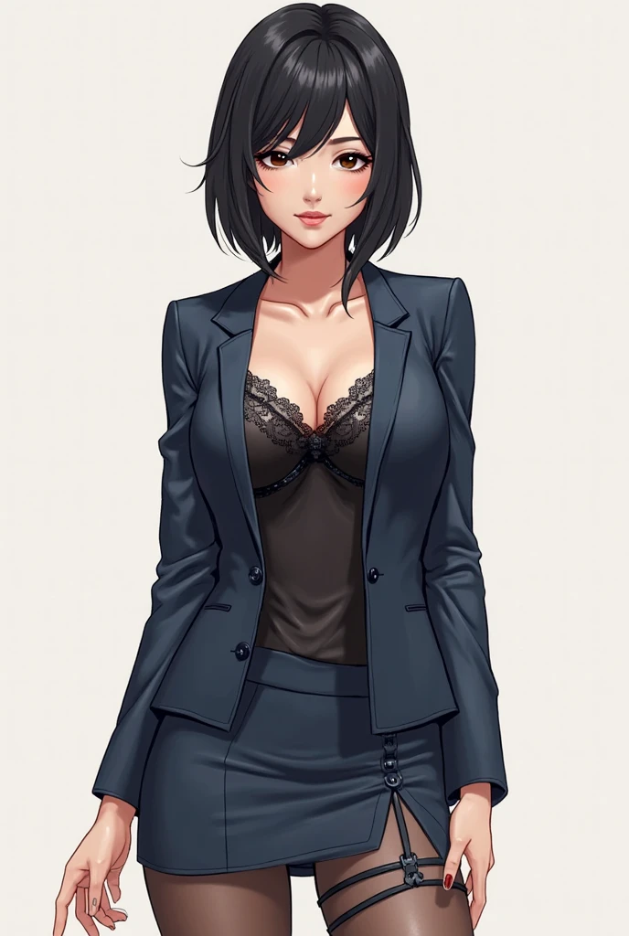 (Color photography), Realistic photos of beautiful Asian people、Slim Abs, (Highlight Haircut B Cup:1.2), Mid-chest, Round shaped breasts, Perfectly shaped breasts, (( )), ((Wearing a blazer and panties )), ((Black bra)), As she poses confidently for the camera, Studio Light, Gray background, whole body, textured skin, high details, best quality, masterpiece, 8k