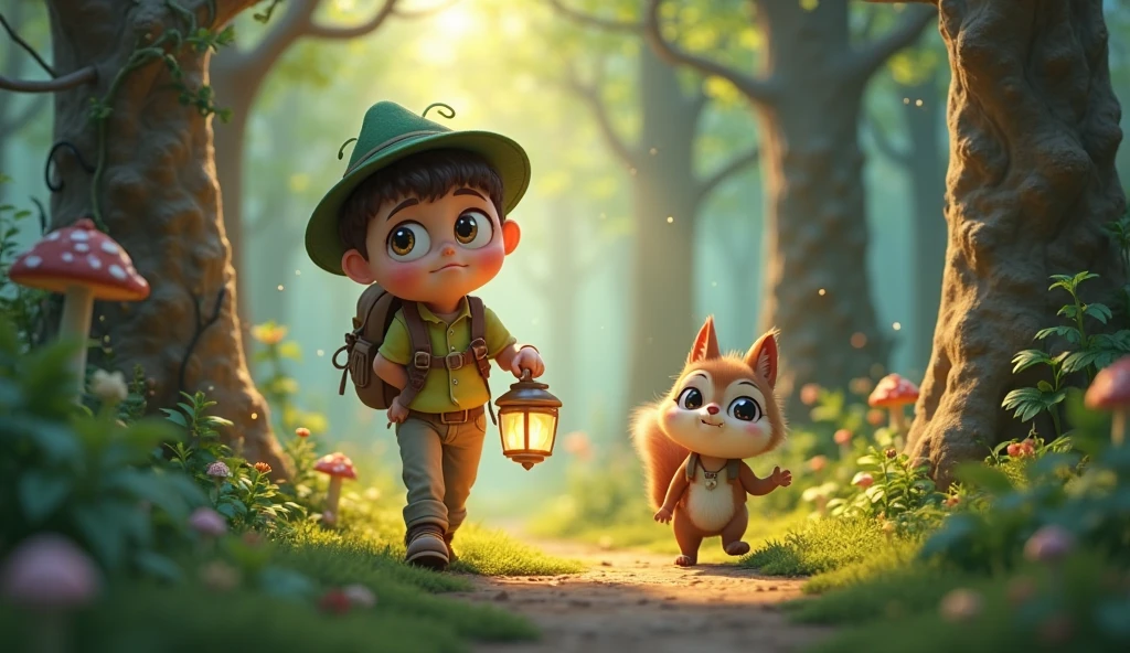 An investigation of the (( boy)) walking in a garden at the back of his house. Finding a little mouse with a blue hat (( Peruvian wool hat)), they walk together happily, in garden. (( boy boy)) does not wear a hat. The two walk towards a hole in an ancient tree..