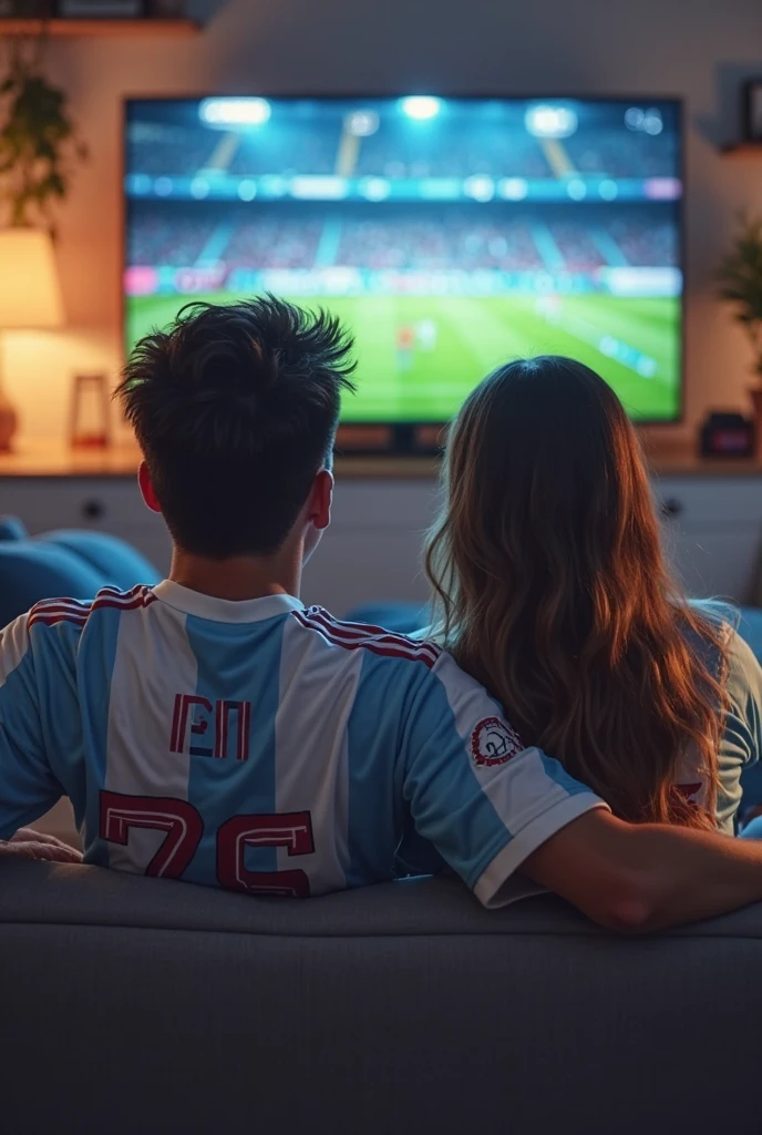 Animation of a couple watching a Colombian soccer game on television where the couple is seen from behind and their shirts are marked, the man with the name Álvaro and the woman with the name Alejandra