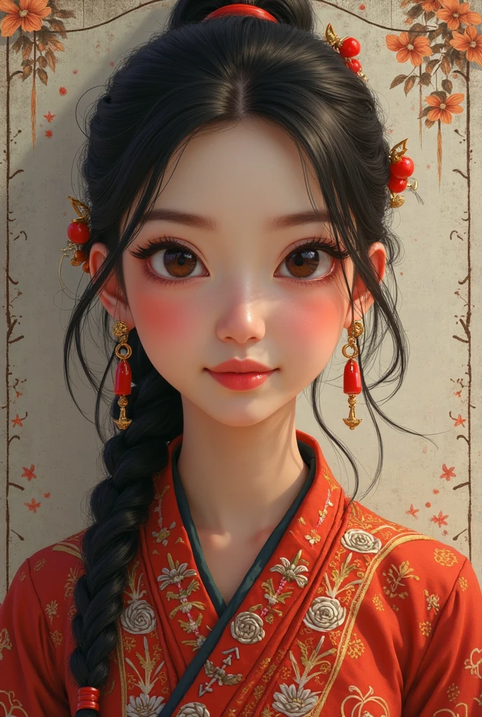 Best quality, 4k, high-end, ultra fine: 1.2), realistic, Chinese girl 3 year M, exquisite face, beautiful detailed eyes, beautiful detailed lips, long eyelashes, red traditional clothing, black ponytail, tassel hair accessories, peony hair accessories