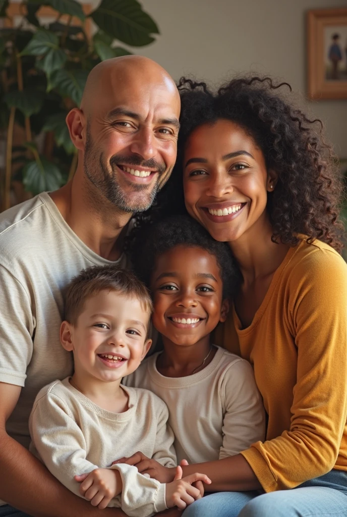 A family photo with black father 50 old, white and mother 40 old one brother biggest about 23 old and 5 sisters age(20,16,13,7,4 add one biggest brother no face
