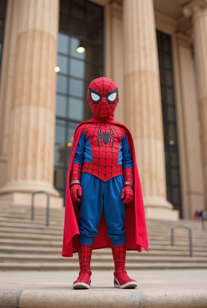 A child dressed as Spider-Man, with the shadows of buildings behind him, and a banner with the superhero written on it