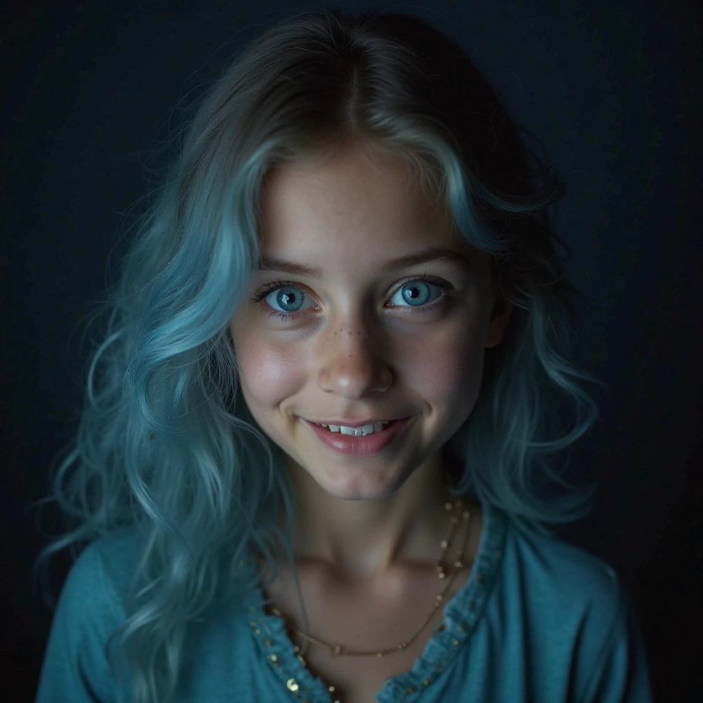 Beautiful 10 year old white child girl, com cabelo azul claro longo, com grandes olhos azuis bem juntos horizontalmente ao nariz,fofa,com bochechas rosadas, com jaqueta preta,blusa preta,de batom vermelho,with cord with bitcoin symbol ,lente 55 mm abertura f/1.8,with blurry background of an urban city at night full of illuminated buildings and blue and red poles