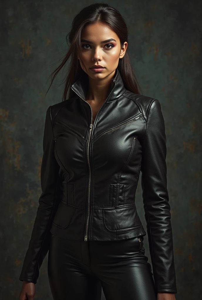 Gorgeous european steampunk woman with short straight shoulder length hair, wet hair, combed straight back hair, black hair, hair not covering face, in a leather jacket with nothing underneath, solid black background