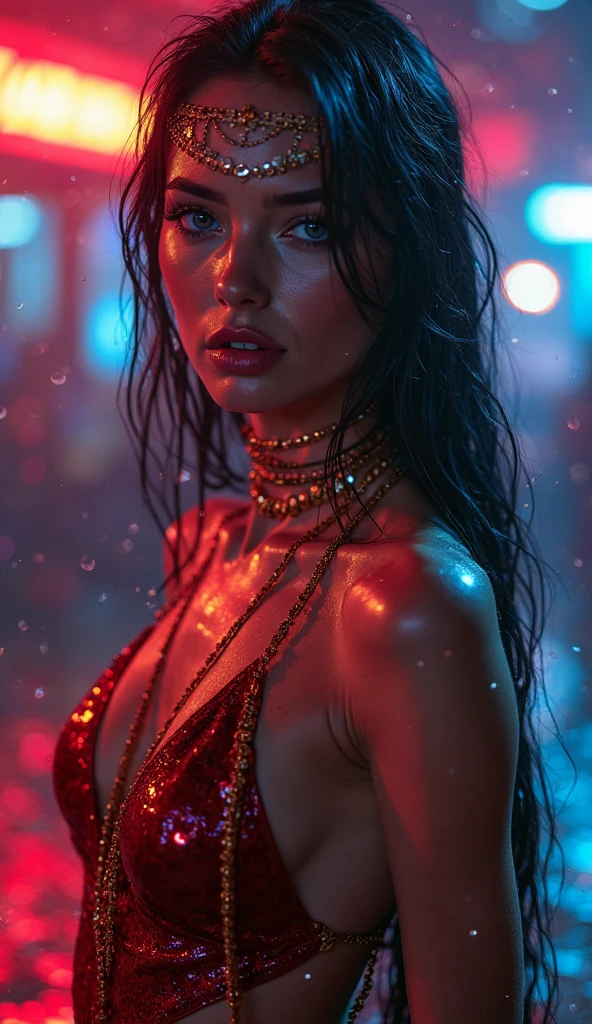 a cute woman (random fantasy race), 25 years old, giga busty, wearing a string bikini, dancing and flirting on stage under the spotlight, pale makeup, deep red lipstick, camera angle low looking up, fantasy magic strip club, hyper detailed, masterpiece, 8k, photorealistic, intricate details, volumetric lighting, dynamic pose, dramatic lighting, neon colors, moody atmosphere