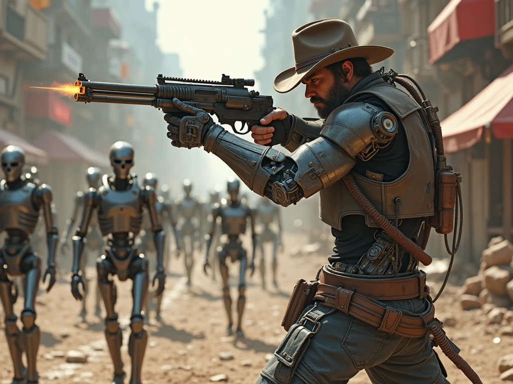 there are many people dressed up in costumes and hats, cyberpunk wild west, historic photo, robot, gray men, argos, the desert, cinematic realistic photo, the watchers, bossfight, awarded photograph, historical picture --auto --s2