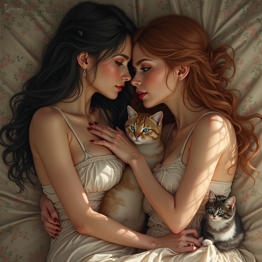 Two women lying on a bed with 5 cats of different colors