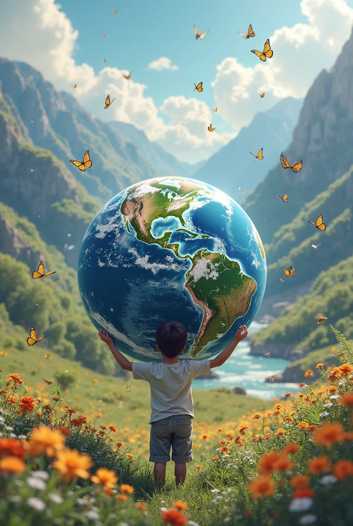 A super cute 3-4 years old young boy joyfully holding a planet, sunny day, sitting alone on an amazing grassland, Colorful, Semi-realistic