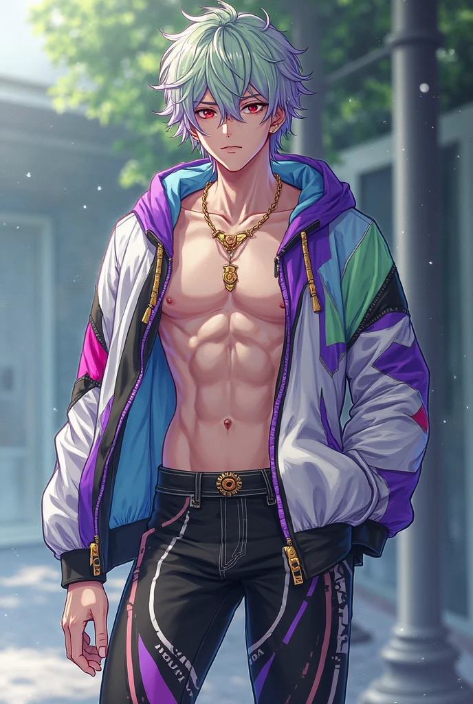 1boy, bow, braid, collarbone, fang, hair bow, hair intakes, hair ribbon, jacket, long braid, long hair, looking at viewer, male focus, multicolored hair, navel, otoko no ko, pink hair, purple bow, purple jacket, ribbon, shirt, simple background, single braid, skin fang, skirt, solo, streaked hair, striped, striped shirt, tihoro1609, upper body, violet eyes, white background