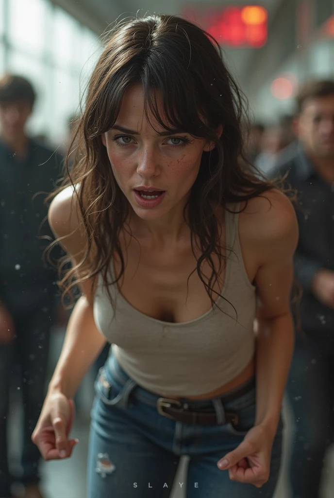 ((Sophie Marceau)), dark forest, brown long hair, big breasts, thick thighs, white panties, pulling panties up, skinny chubby, (((she is brutally hit in the face by a big stick:1.2))), (((hit in cheek:1.2))), (((woman body view:1.2))), ((panty))), (((women hit with sticks))), (((cheek deformed by the violent stick impact:1.2))), (((sweaty skin))), (((beaten, surrounded by violent skulled men:1.2))), (((close up view))), (((fast hit movement effect:1.2)))