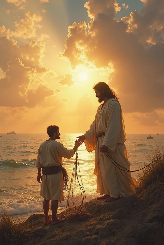Create an ultra-realistic image of Saint Christopher, represented as a tall, strong man with a dark beard and long hair. He must be crossing a shallow river, holding a large wooden staff in one hand and carrying the baby Jesus on his shoulders. Saint Christopher must be dressed in a simple tunic, brown or beige, which appears heavy and wet from the river. The baby Jesus must be represented as a small, serene , with light hair and a calm expression, wearing a white robe. The scene should be at dawn or dusk, with soft, natural light, and the background should include a natural setting with trees and a slightly cloudy sky. The image should capture the effort of Saint Christopher when crossing the river and the tranquility of the baby Jesus. The composition should convey a feeling of devotion, strength and protection.