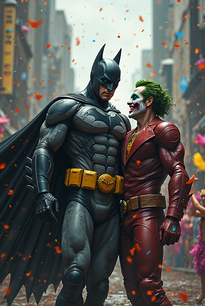nsfw. realistic batman and the joker full body in jock straps and leather harness posing sexy in a photoshoot