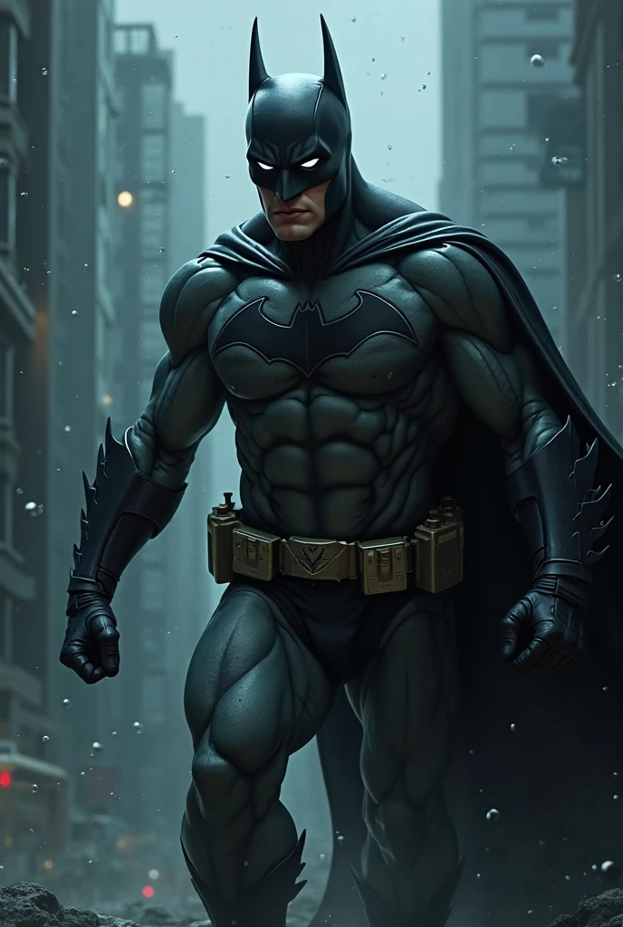 Photo of Caua Reymond, at street, Batman total black and dark gray armor, black cape, ((showing all face)), ((all body covered)), serious face, muscle body, no mamilos, military style, background rich in details, a lot of lights and buildings, ultra detailed, ultra resolution, 8k, masterpiece, ultra detailed suit, macho, front view, full body shot