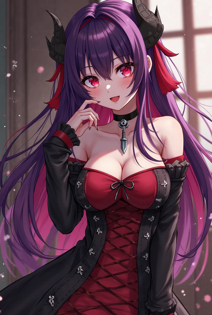 best quality,4K,high resolution),Ultradetailliert,realistisch,portrait, Purple succubus with dark red hair wearing a purple and dark red spring dress with gold trim and bright red eyes, Leuchtende Farben, delicate features, seductive glance, charming smile, wallende Haare, sanfte Beleuchtung