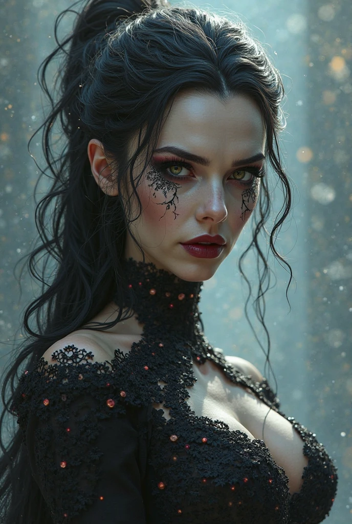 An abstract artwork by Carne Griffiths and Wadim Kashin with
an ethereal beauty
( <'EM_1'> :0.9) approaching perfection in dark with black roses in her elegant hair, dynamic onyx and grey palette