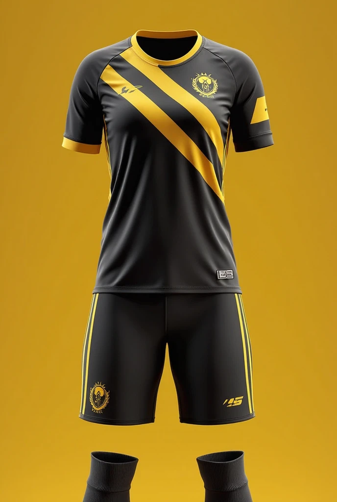 Create a soccer uniform , that it be black and gold and have pentagons in the design