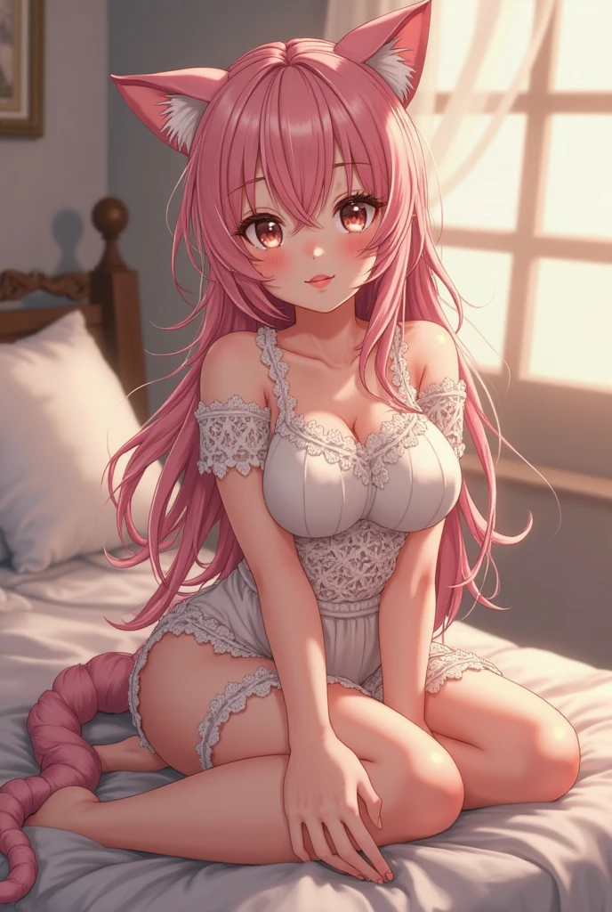 One girl anime styled。girl with。Blue eyes。 in estruig fox Tail。Looking at the camera,fox ear, pink hair, white crop top, fox tail, girl 18 old , utral light, sitting in the bedroom,hair hair, wear pantie, wear dress, salon,Wet and see-through、cute little、blushed、Chest cleavage、thighs thighs thighs thighs、No bra、witheout panties、high-level image quality、Vivid、high detailing、(( breast: 1.2)), ((blush face: 1.3)),((wet clothes:1.5)),wear white legwear,pink bikini,,((peeing:1.5)),((blushing face:1.4), (heart-shaped pupil:1.4), (sweaty:1.5), open months, ((full body))