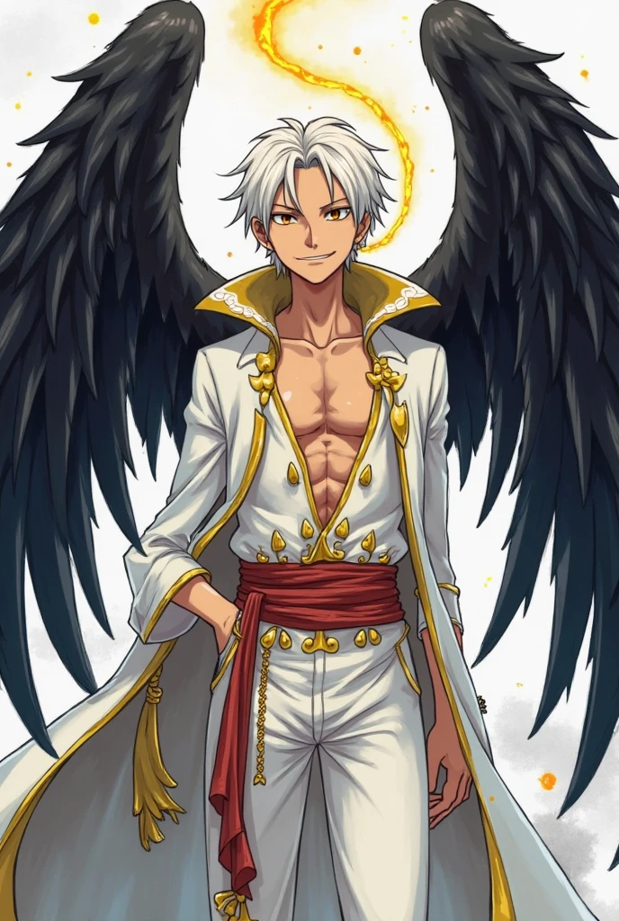 dark skin, blue eyes, white hair, pushed back bangs, thick hair, long hair, mane, messy hair, fluffy hair, tribal, male, bishounen, masculine, tall, mascara, eagle, wings, native american, large hair, pants, ibaraki, no horns, feathers, forest