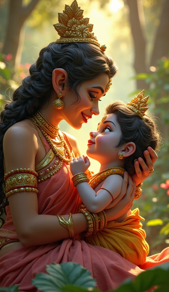 a woman holding a baby in her arms in the water, inspired by T. K. Padmini, adorable digital painting, painting of beautiful, inspired by Thota Vaikuntham, artgerm and atey ghailan, by Thota Vaikuntham, inspired by Raja Ravi Varma, portrait painting of a princess, realistic cute girl painting, maternal photography 4 k