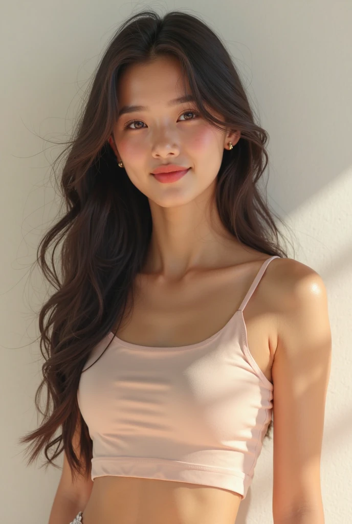 (Best quality, Complex details: 1.2,Realistic:1.2) ,A girl\(24 years old\),[Liu Yifei:0.9],(pink|red:0.2 camisole:1.2),(Denim shorts),long hair, grin,stand,(white skin:1.2),(many people:1.2),