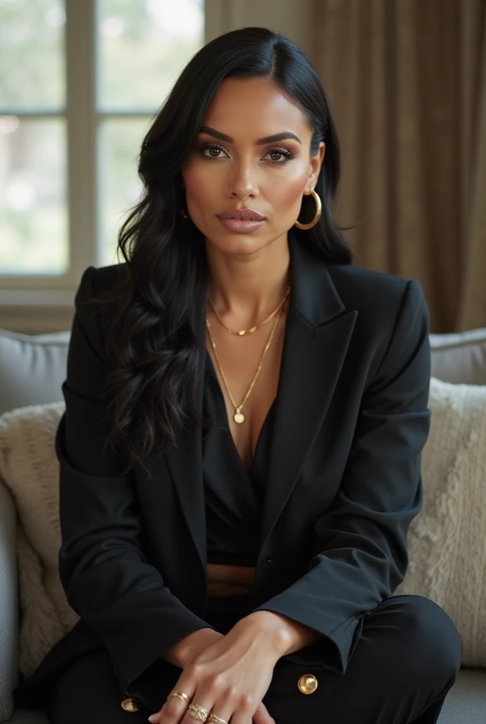 (a thin, black woman). (black, medium and wavy hair, parted in the middle). She is 20 years old. ((She wears a black blouse, black blazer and sophisticated black pants)). well-groomed and realistic hands. She is sitting in a modern leather armchair, white background, with a floor lamp. (she looks elegant with her breasts covered). Extremely realistic photo, 8k quality.