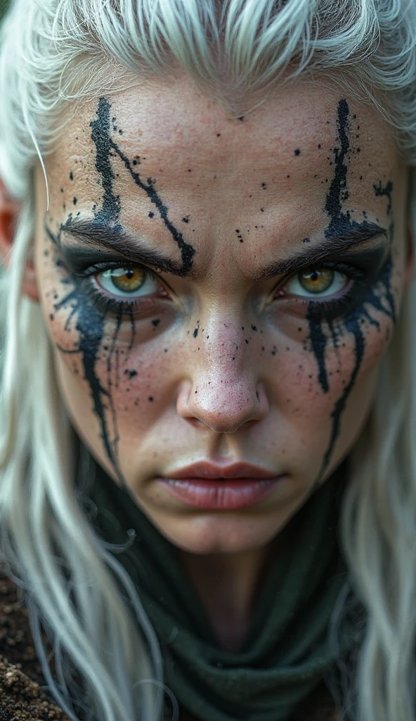 8K portrait of a young black woman, long straight white hair, deep blue eyes, slim, dirt on face, wasteland armor,
detailed, masterpiece, high resolution,
natural daylight, detailed background forest,
