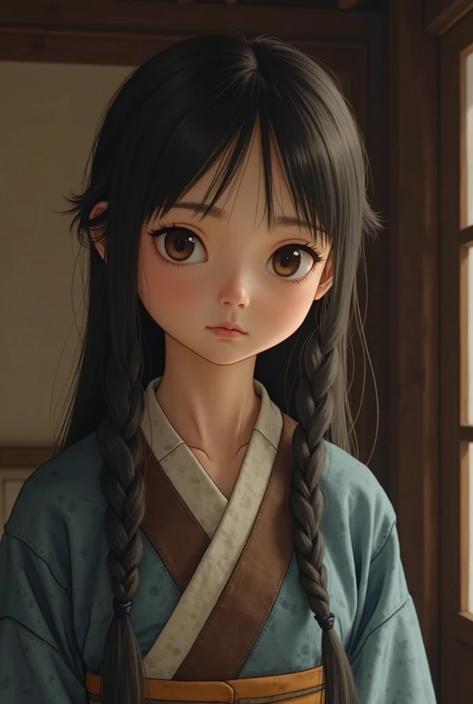 (by Jules Bastien-Lepage), (by Junji Ito), ((by Luke Chueh)), best quality, dusk lighting, realistic, surrealist, photo referenced, realistic background, cartoon foreground, (3d), golden hour, (((by Mojang Studios))), detailed face, cute face, katana, tears, sad face, scar, armor, samurai, spirit behind, ghost in the background
