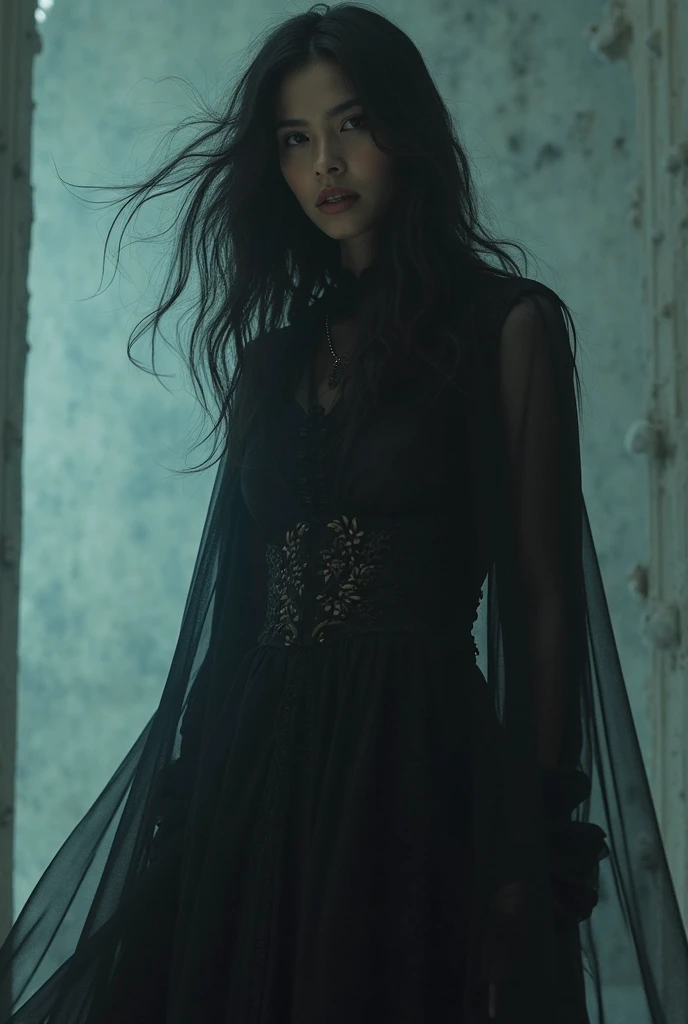 ((best quality)), ((masterpiece)), (detailed), beautiful fourteen year old girl, perfect face, calm expression, soft expression, not fully smiling, (dark brown eyes), (black eyes), photorealistic, detailed long hair, perfect lighting, (young), delicate, gentle, feminine, she is wearing a beautiful black-silver-green color ball gown with long sleeves, she is beautiful, she is calm, photorealistic image, long black hair, dark brown sheen, clear brown eyes, clear black eyes, light freckles across her cheeks, long wavy hair, long curly hair, black eyeshadow, black lipstick, floor length image