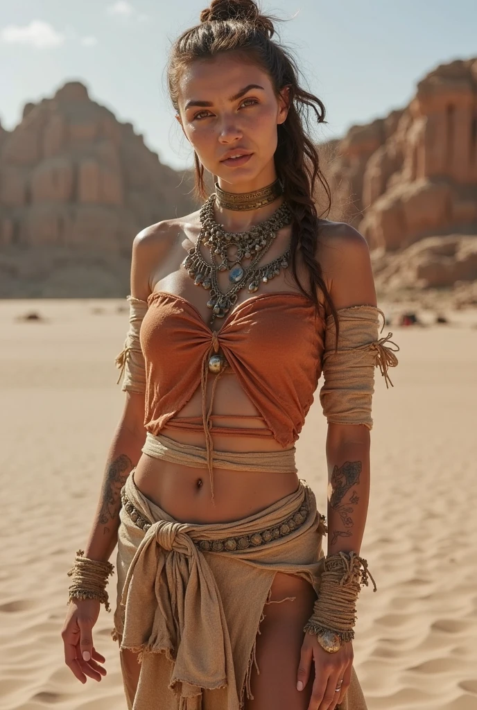 (sag)(Beverly Crusher, age 25, age 25, British Expedition hat on ground, Sheer white top torn open, Sheer green dress torn open, no underwear, tablet on ground, recoiling in fear, battered and bruised), desert ruins with hieroglyphs, a lesbian mummy (gorgeous female stripper covered in glyph tattoos and dingy bandage)
