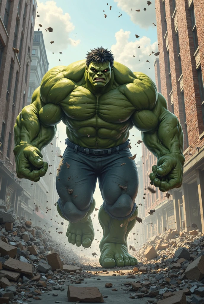 hulk (( proud expression)), masterpiece, best quality, ultra-detailed, ground, city background, shadows, contrast, clear sky, analog style (look at viewer:1.2) (skin texture) (film grain:1.3), ultra-high resolution, octane render, 16k