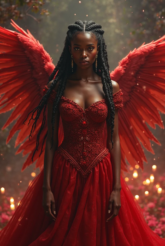 full shot, an illustration of Chelsea Wolfe, beautiful, sensual, transparent gothic red clothes, in the style of restrained palette, distressed materials, realistic color schemes, hieratic visionary, figura serpentinata, nicola samori, bold yet graceful, perfect black skin, perfect body, extremely beautiful, extremely tattooed, red swan wings