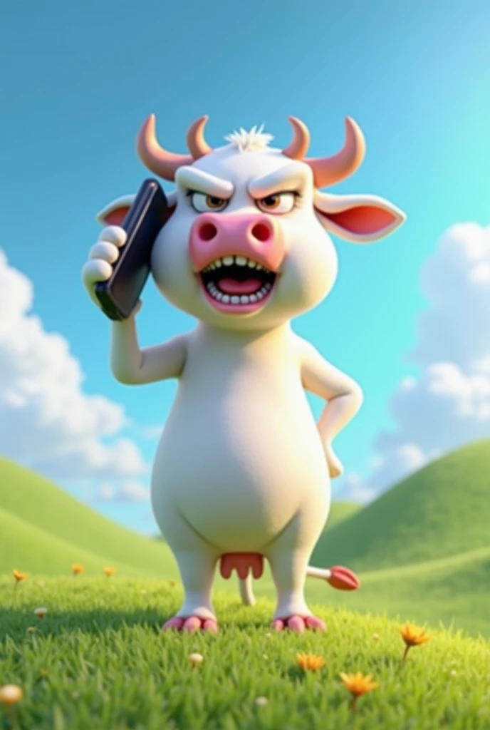Make that bull laughing more, wearing white t-shirt, speaking with phone,