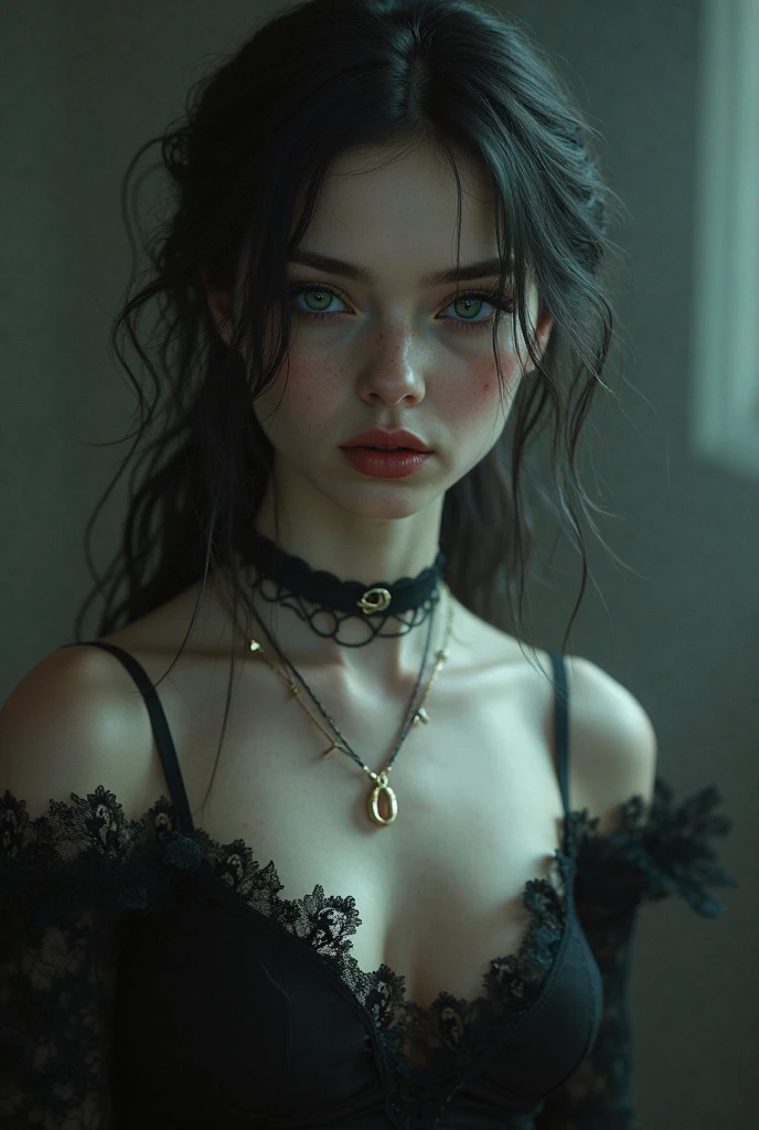 ((best quality: 1.5)) ((masterpiece)), intricate details, soft focus, professional, real life, realistic representation of the face, dim volumetric lighting, dynamic pose, in the style of realistic and hyper detailed renderings BREAK (detailed 20 year old woman, (((blackout gothic eye makeup, (portrait, cheekbones, thick), black lips, pointed chin, angry, from below:1.2), clear green eyes, short curly [blonde hair:white hair:0.3], Victorian green chinoiserie gold dress, high collar, film grain, bokeh, black background, dark empty room, golden hour), emerald, nose piercing, determined expression), freckles:0.8), photorealistic, hyper-realistic, 8K