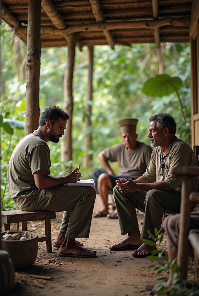 an Indian Farmer laying on bed, talking to his 4 sons in a hut