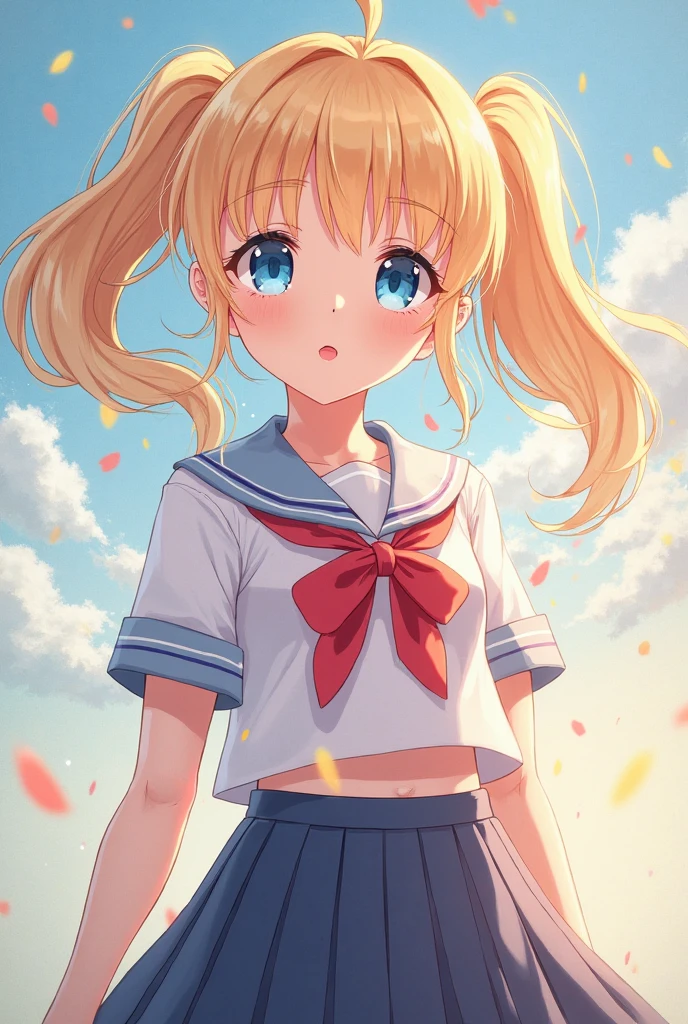 1girl,bangs,beach,bird,black legwear,(heterochromia:1.4),(red eyes:1.4),(blue eyes:1.4),(very long blonde hair:1.4),tiny thong,back view, looking back,blue skirt,blue sky,blush,(red bow:1.2),closed mouth,cloud,cloudy sky,condensation trail,day,eyebrows visible through hair,floating hair,hair bow,horizon,island,lake,lighthouse,looking at viewer,midriff,mountain,navel,neckerchief,ocean,outdoors,pantyhose,partially underwater shot,pleated skirt,red neckerchief,sailor collar,,seagull,shirt,shore,short sleeves,blonde hair,skirt,sky,smile,solo,standing,standing on liquid,sunlight,twintails,wading,water,waves,wet,white shirt,wind,strong wind blows,