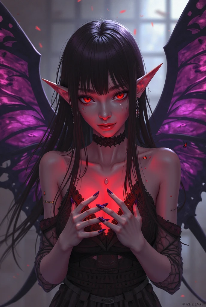 (Masterpiece, Best Quality, Highres:1.4), Exquisite details and textures,
1demon girl, solo, elegant perfect body, (purple ponytail), hair over one eye, double hair bun, shy, oni horns, (hannah-owo makeup style:1.2), erotic smile,
Seraphim wings, vampire, sexy fangs,
<lora:offset:0.41>, <lora:LowRA:0.55>, <lora:Nice_face_yuantu:0.43>, <lora:beautifulDetailedEyes_v10:0.35>, <lora:VampiricTech-20:0.5>, x-ray, (translucent skin:1.2), skelet,<lora:TranslucentSkinV1:0.8>, <lora:NijiExpressV2:0.5>